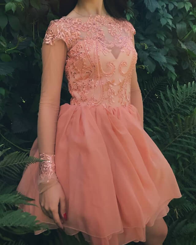 Sheer Long Sleeves Appliques Tulle Party Dress