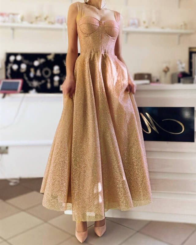 Champagne Sparkly Prom Midi Dress
