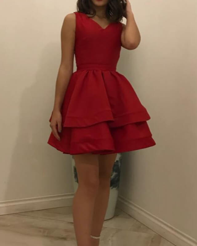 Short Red Satin V-neck Tiered Dress