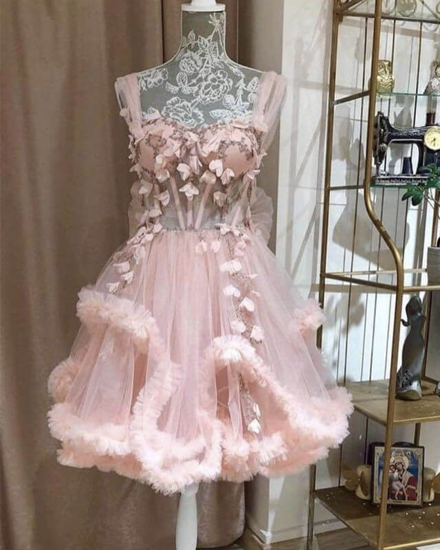 Short Pink Tulle Corset Dress With Handmade Flowers Lisposa Short Pink Tulle Corset Dress With Handmade Flowers Lisposa