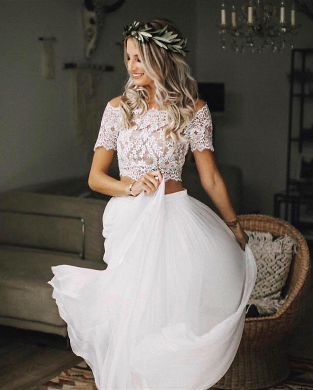 Crop Top Long Two Piece Wedding Dress Beach Wedding Dresses