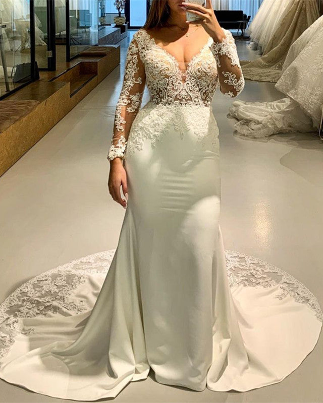 Lace Sleeves Mermaid Wedding Dress Satin Lisposa Lace Sleeves Mermaid Wedding Dress Satin Lisposa