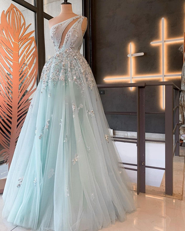 One Shoulder Sequins Lace Light Blue Prom Dresses 2022 Lisposa One Shoulder Sequins Lace Light Blue Prom Dresses 2022 Lisposa
