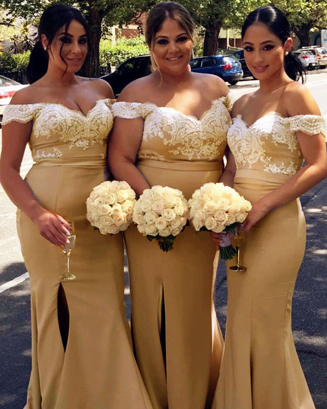 Ivory Lace Mermaid Split Bridesmaid Dresses Satin Off Shoulder