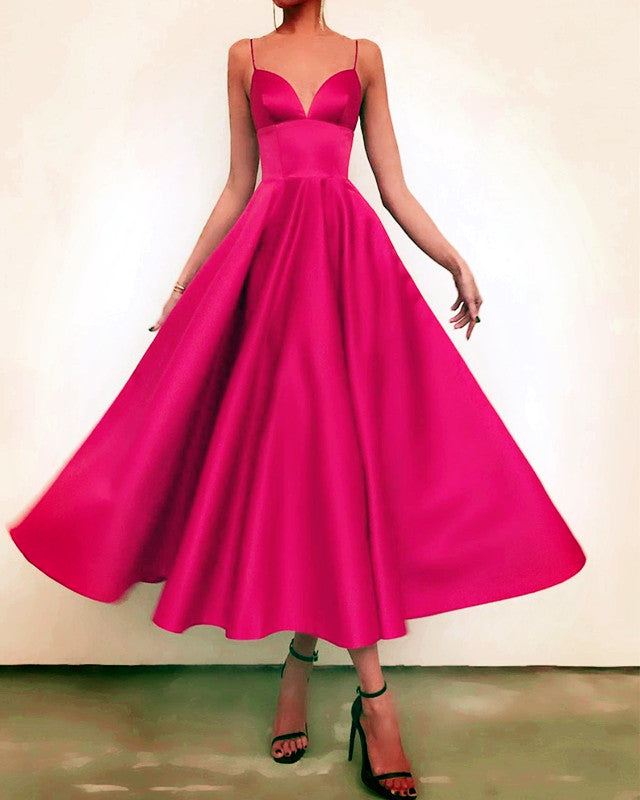 Tea Length Bridesmaid Dresses Satin V Neck Spaghetti Straps