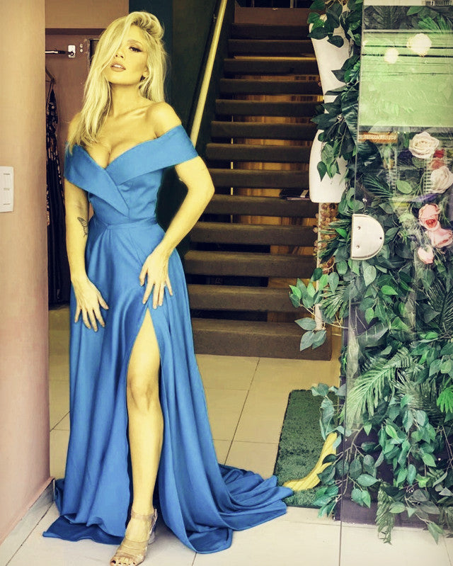 Sexy Satin Split Bridesmaid Long Dresses Off The Shoulder