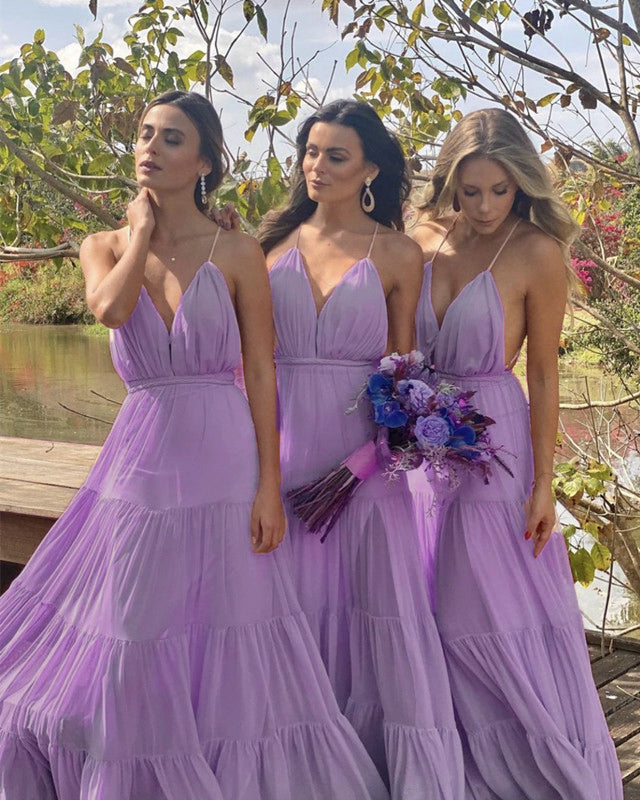 Boho Style V Neck Ruffles Bridesmaid Dresses Long