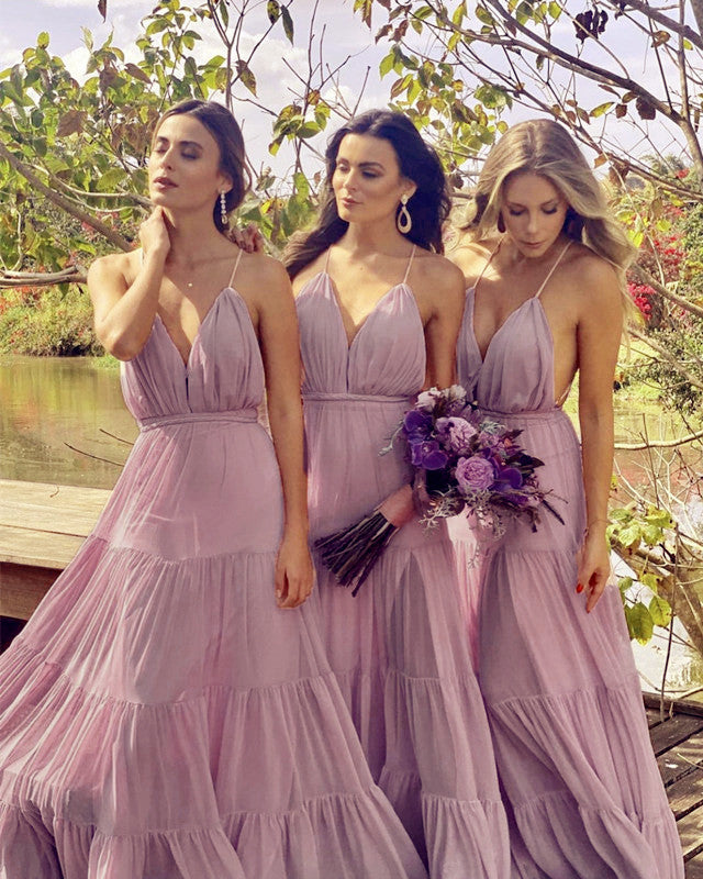 Boho Style V Neck Ruffles Bridesmaid Dresses Long