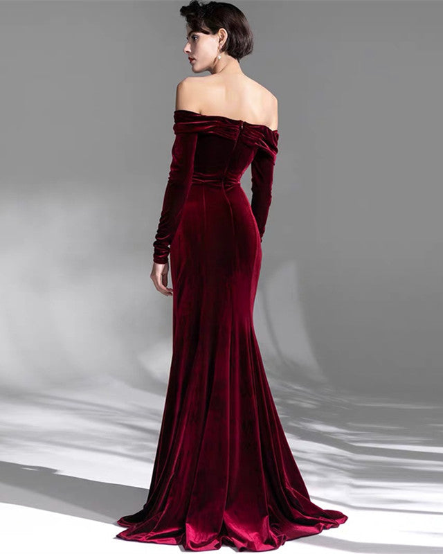 Mermaid Velvet Long Sleeve Off The Shoulder Bridesmaid DResses