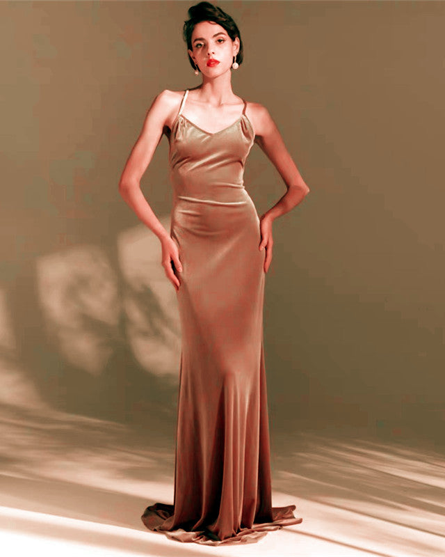 Velvet Mermaid Open Back V Neck Evening Gowns