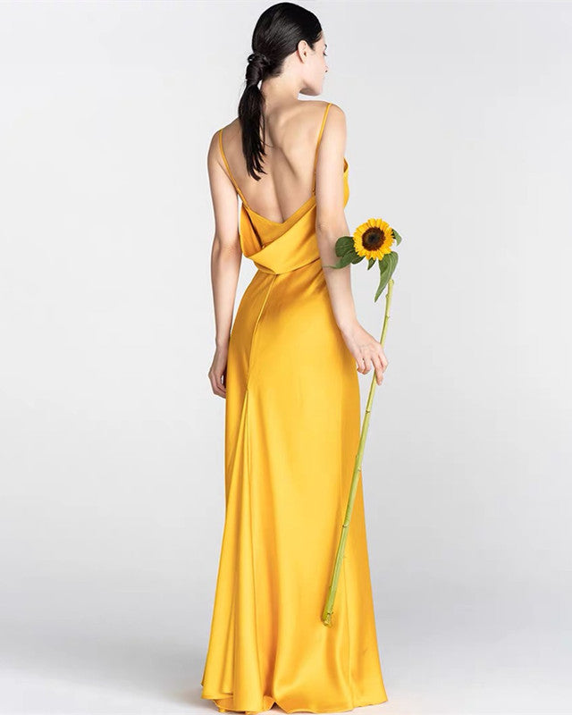 Long Gold Satin Fitted Bridesmaid Dresses Side Split