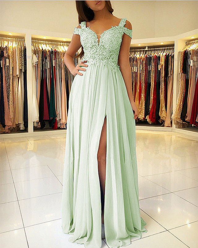 Cold Shoulder Bridesmaid Dresses Chiffon Split Lace Appliques