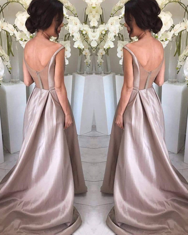 Long Taupe Satin Bridesmaid Dresses V Neck Open Back