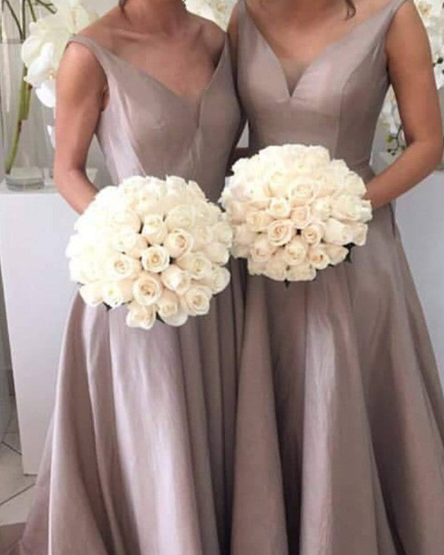 Long Taupe Satin Bridesmaid Dresses V Neck Open Back Lisposa Long Taupe Satin Bridesmaid Dresses V Neck Open Back Lisposa