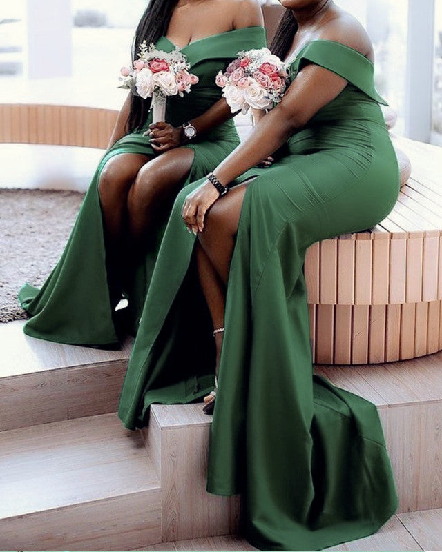 Mermaid Off The Shoulder Split Bridesmaid Dresses Satin