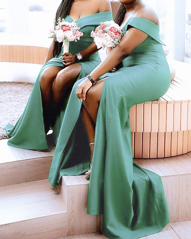 Mermaid Off The Shoulder Split Bridesmaid Dresses Satin