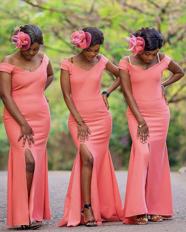 Mermaid Off Shoulder Floor Length Bridesmaid Dress Satin Split