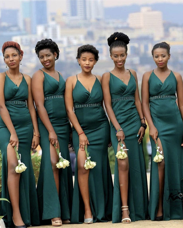 Mermaid V Neck Split Bridesmaid Dresses Beaded Sashes