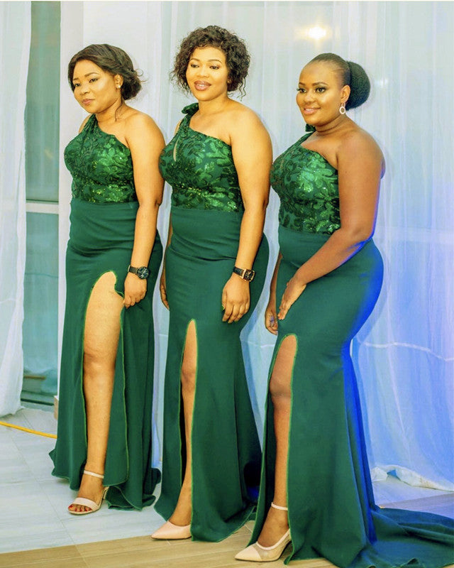 One Shoulder Split Mermaid Bridesmaid Dresses Sequins Pattern