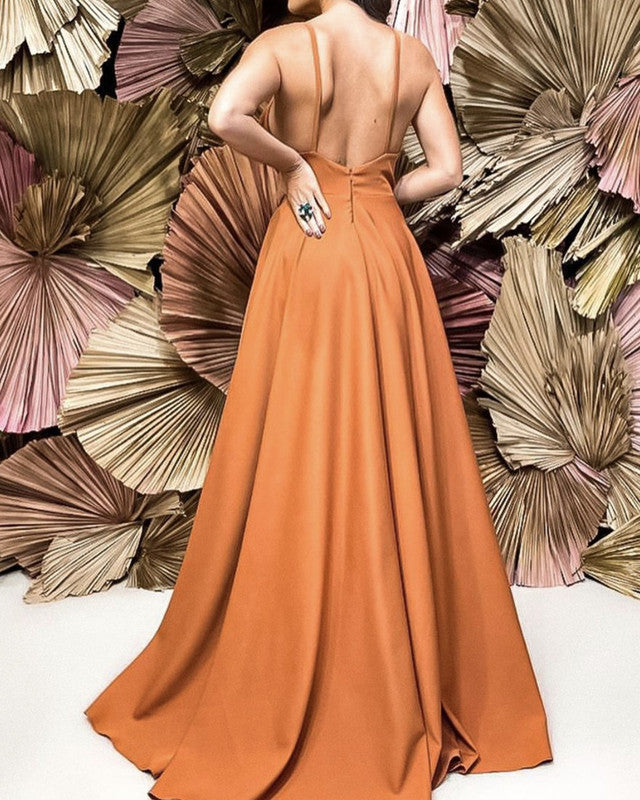 Plunge Neck Open Back Bridesmaid Dresses Long