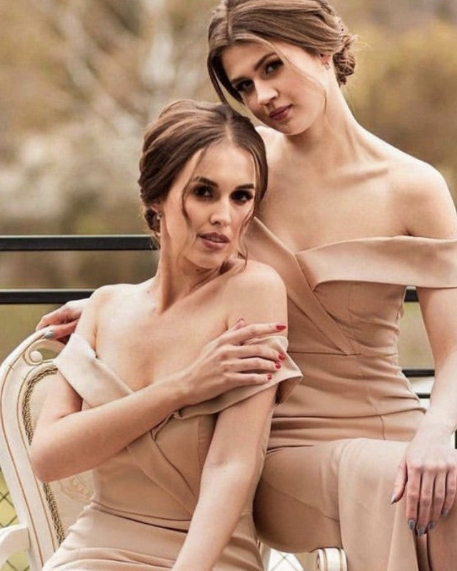 Champagne Mermaid Bridesmaid Dresses Split Off Shoulder