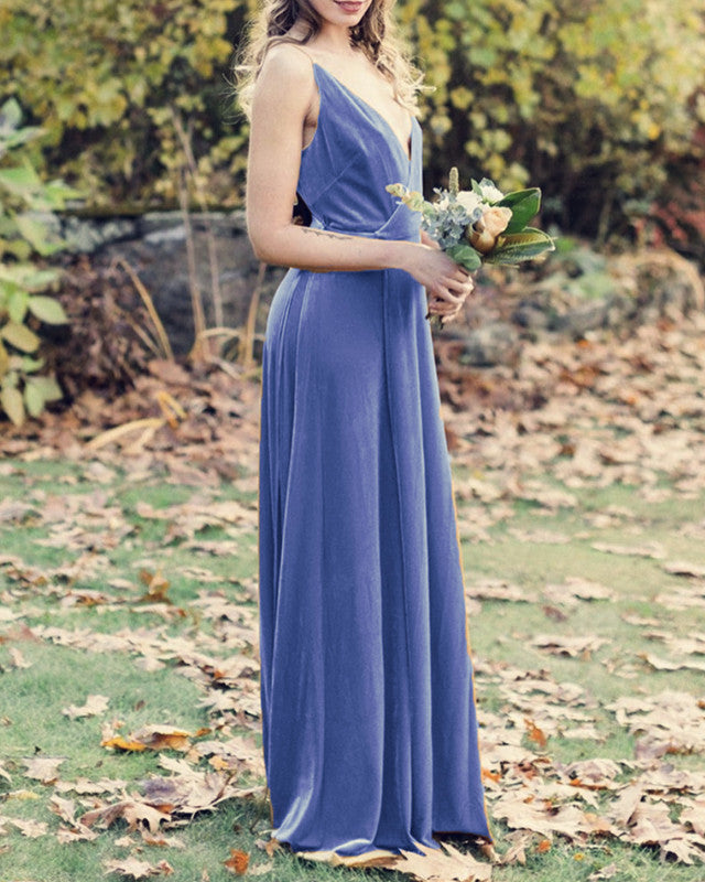 Simple Velvet Bridesmaid Dresses V Neck Floor Length
