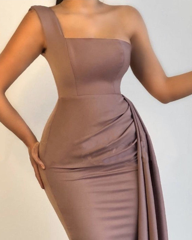Mermaid One Shoulder Floor Length Satin Dresses