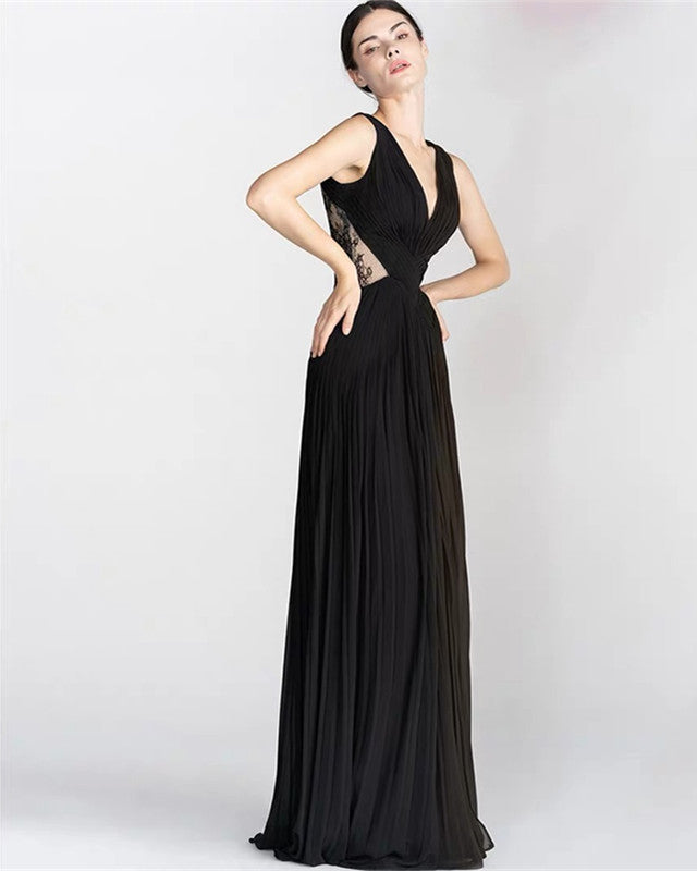 Sheer Lace Back Prom Dresses Chiffon Pleated