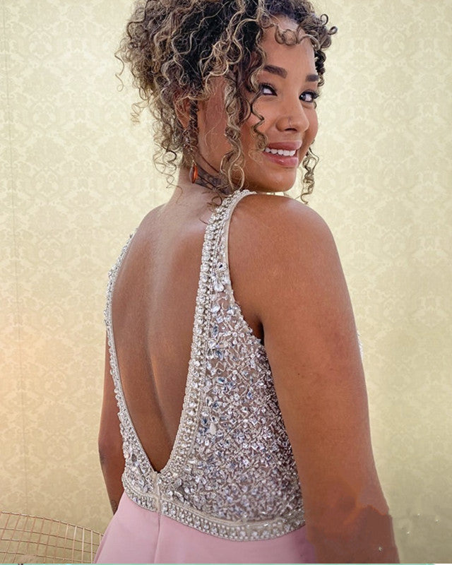 A-line Beaded V Neck Prom Dresses Chiffon Side Split