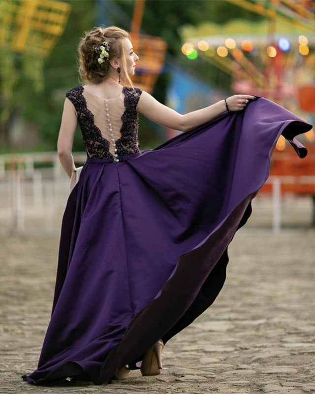 Modest Satin Prom Long Dresses Lace Beaded Cap Sleeves
