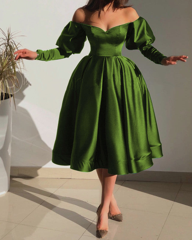 Off The Shoulder Satin Tea Length Dresses With Sleeves Lisposa Off The Shoulder Satin Tea Length Dresses With Sleeves Lisposa