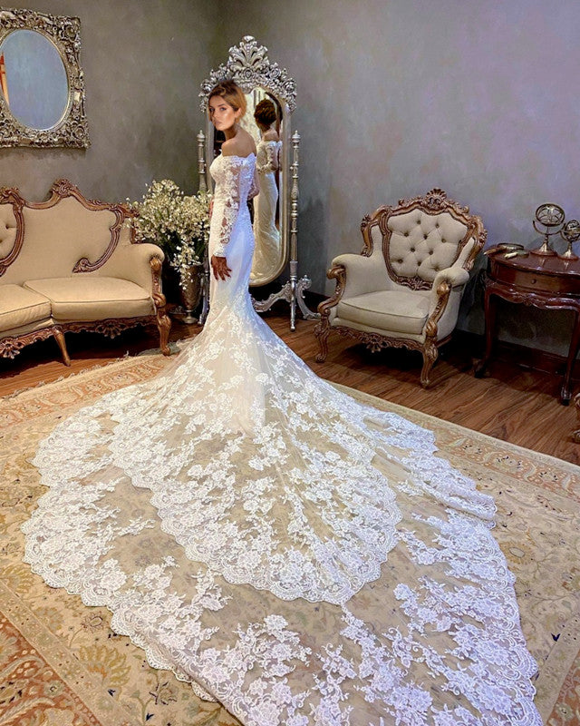 Royal Train Lace Mermaid Wedding Dresses Long Sleeves Off The Shoulder