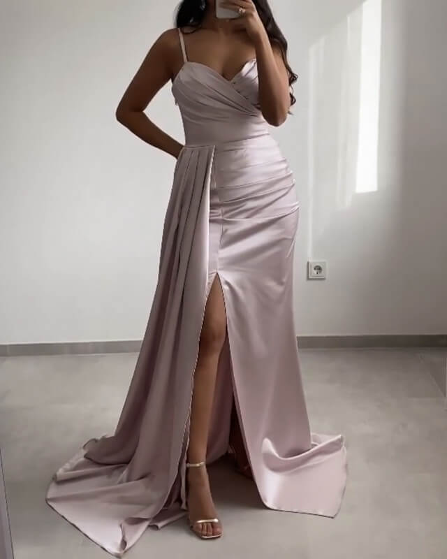 Mermaid Dusty Rose Split Satin Dress Lisposa Mermaid Dusty Rose Split Satin Dress Lisposa