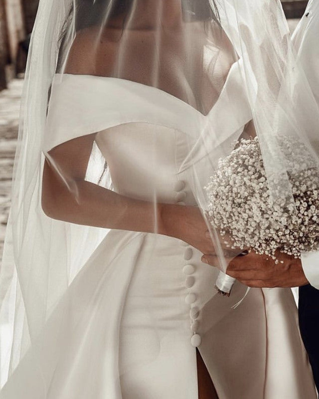 Mermaid Satin Wedding Dresses Split Off Shoulder