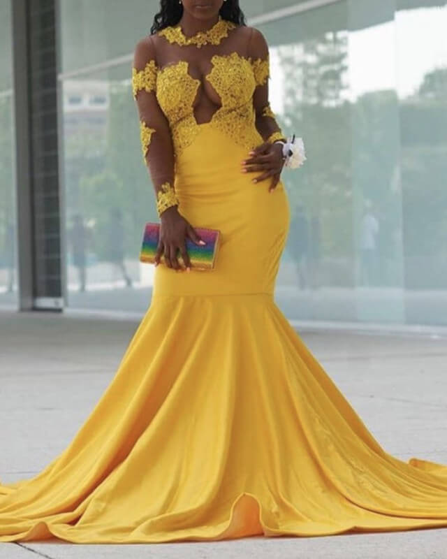 Mustard Yellow Mermaid Long Sleeve Applique Prom Dresses Black
