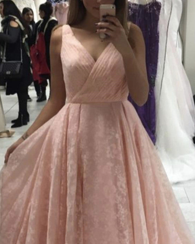 Pleated V Neck Ball Gown Princess Prom Dresses
