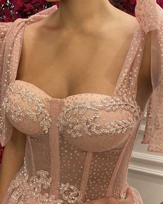 Glitter Tulle Sweetheart Corset Prom Dresses Long