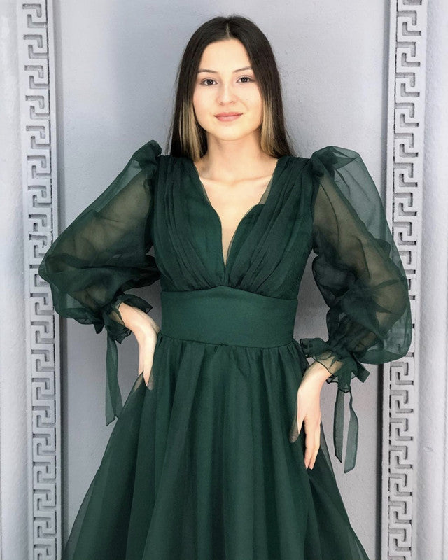 Tulle V Neck Long Sleeves Dresses