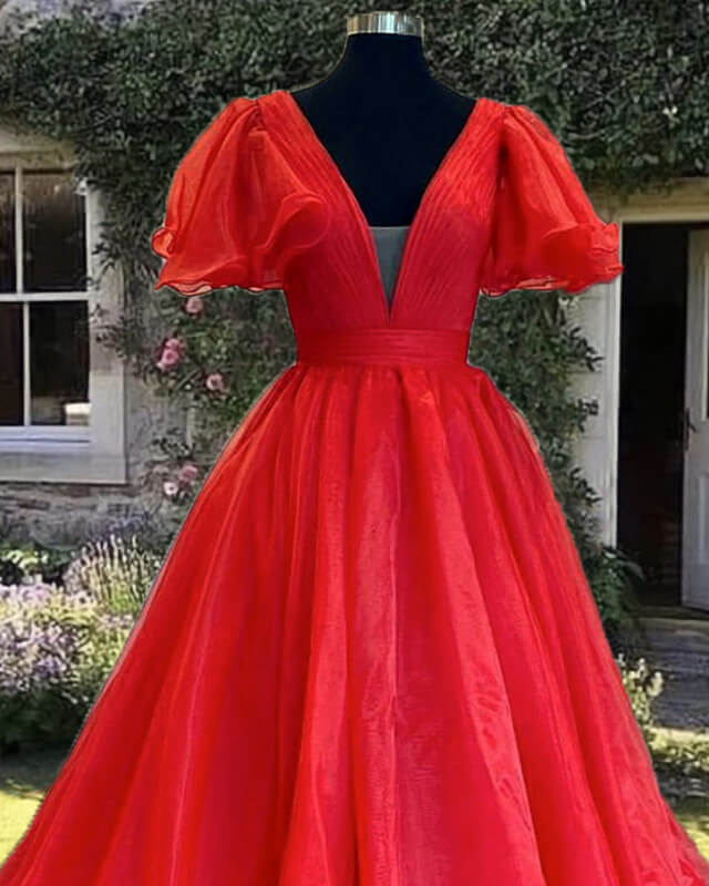 Red Puffy Sleeve Ball Gown V-neck Dress