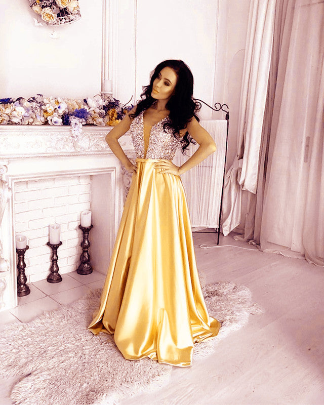 Gold Satin Prom Dresses