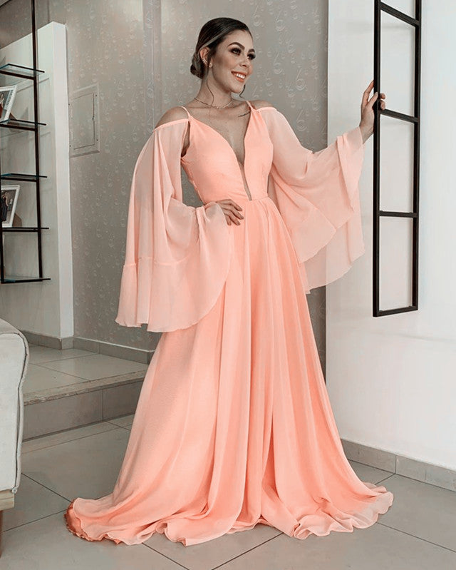 Coral Prom Dresses Cold Sleeves