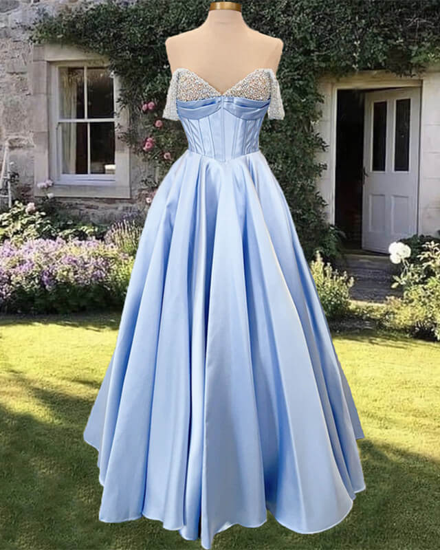 Beaded V-neck Corset Floor Length Satin Dress