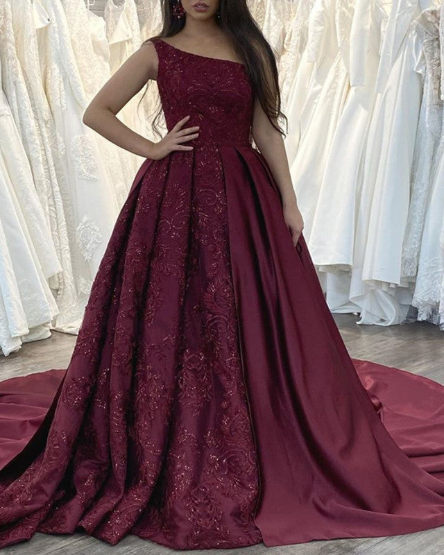 One Shoulder Prom Satin Dresses Lace Embroidery Elegant Lisposa One Shoulder Prom Satin Dresses Lace Embroidery Elegant Lisposa