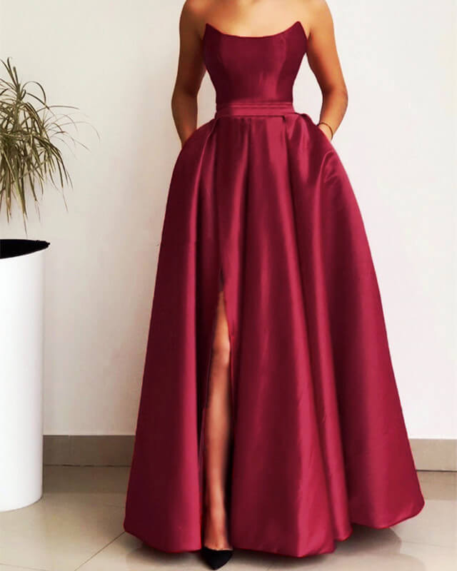 Long Strapless Prom Dresses Satin With Pockets