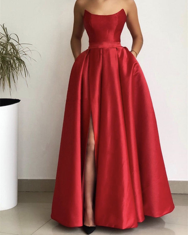 red strapless prom dress with pockets Simple Strapless Red Short Prom Dress, Short Red Homecoming Dress with Pocket A2205
