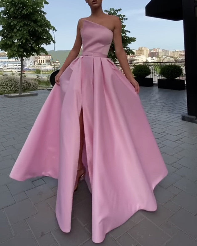 Sexy Sleeveless Prom Long Dresses Satin Slit