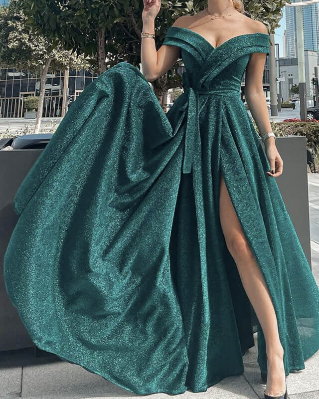 Long Emerald Sparkly Dress With Slit