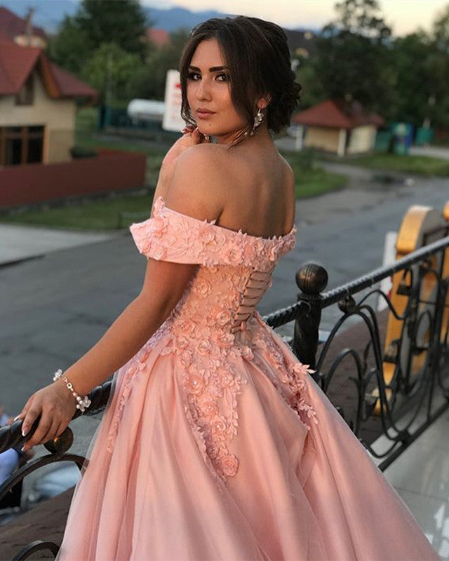 Tulle And Satin Prom Dresses Ball Gown 3D Lace Off Shoulder
