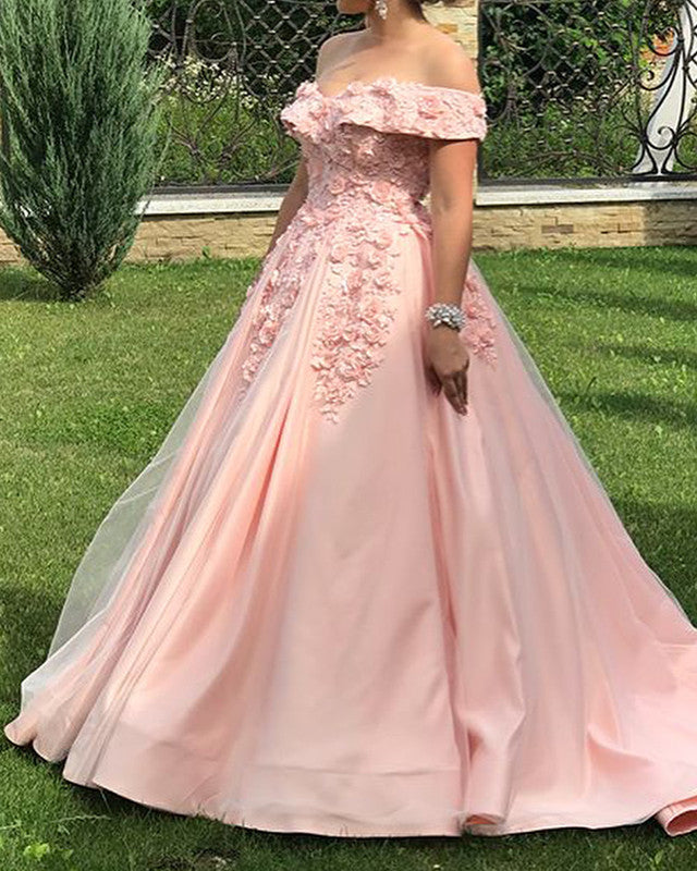 Tulle And Satin Prom Dresses Ball Gown 3D Lace Off Shoulder