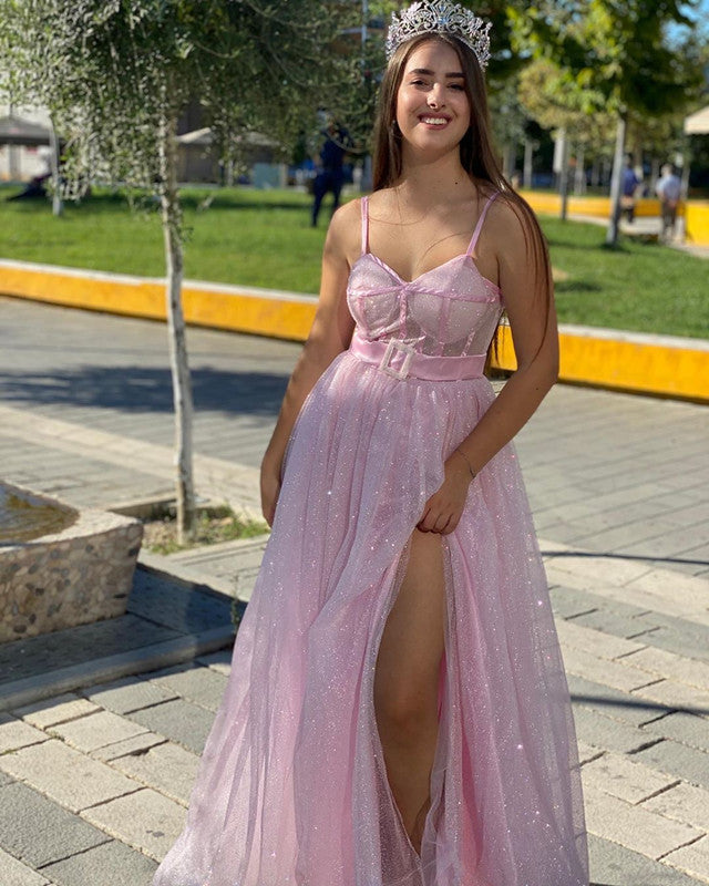 Glitter Tulle V Neck Prom Dresses Split